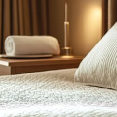 Cozy hotel room with neatly made bed and soft lighting Von Alexandr