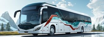Moderner futuristischer Reisebus in einzigartiger Form im Querformat für Banner, ai generativ Von Nick Freund